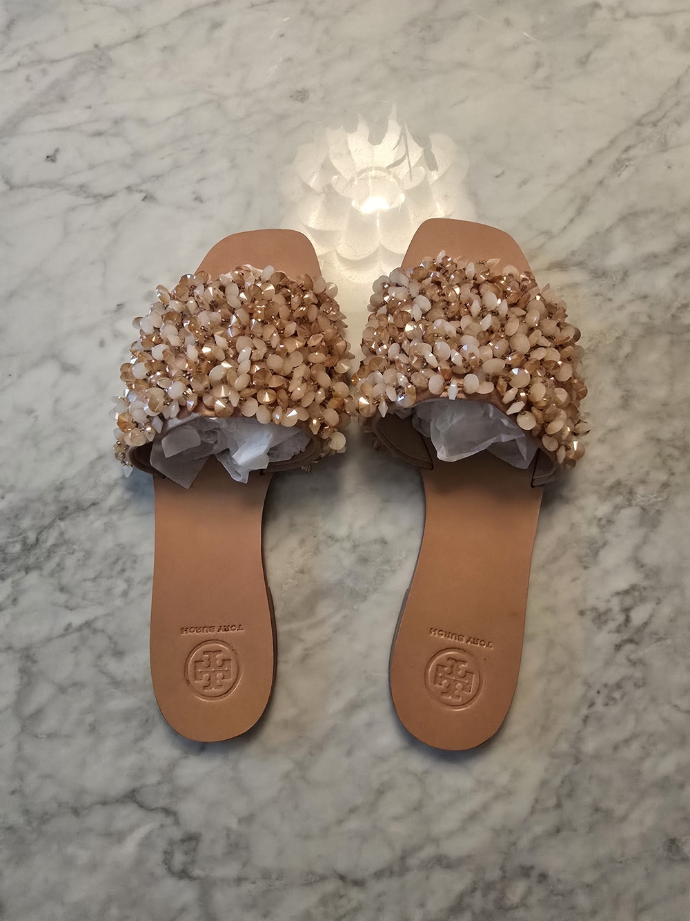 Tory Burch Beige Embellished Slide Sandals - Picture 2 of 4